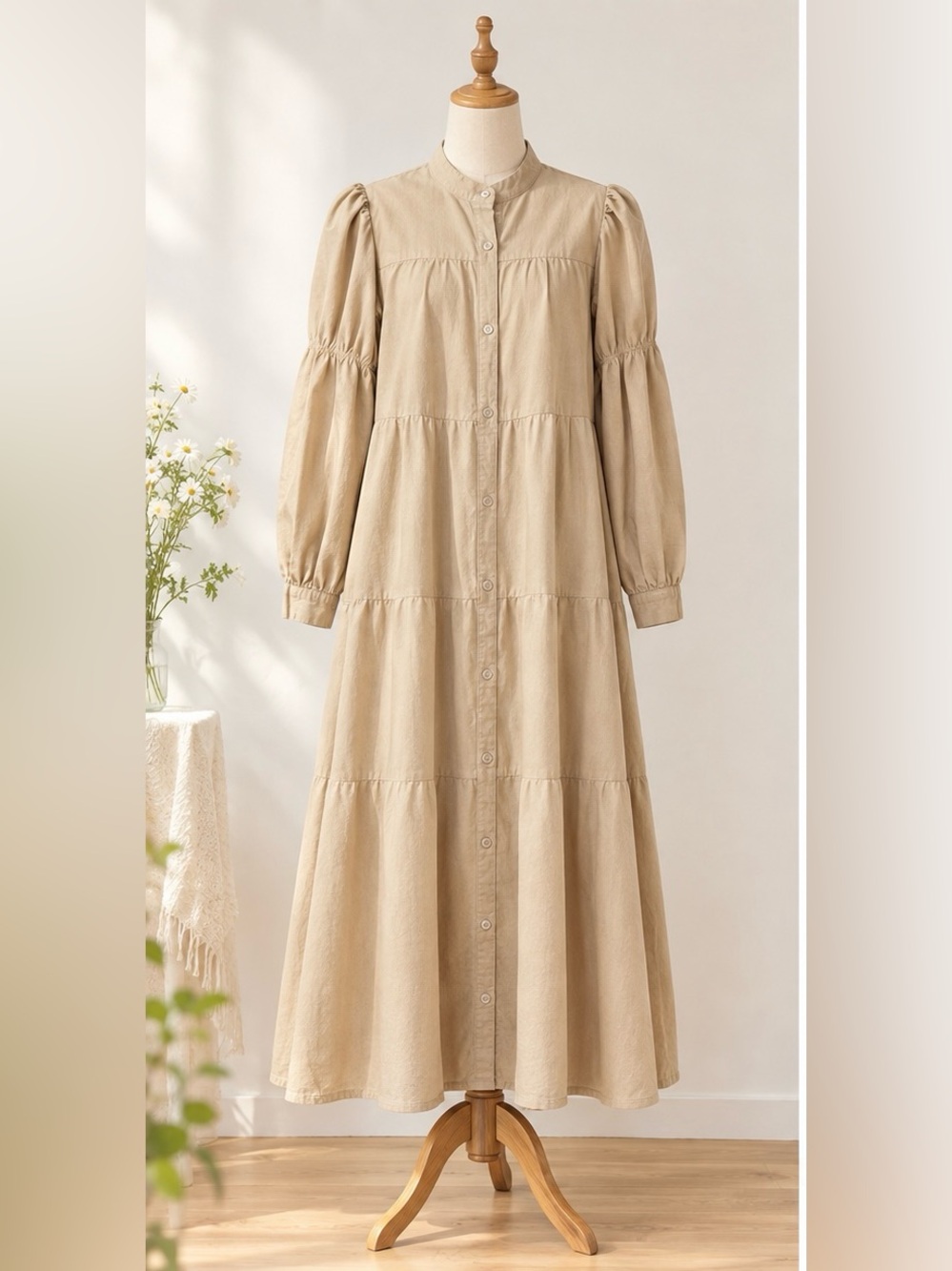 100% Cotton Beige Tiered Maxi Dress